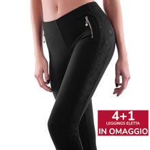 LEGGINGS DONNA CON ZIP DORATE E PIZZO LATERALE 